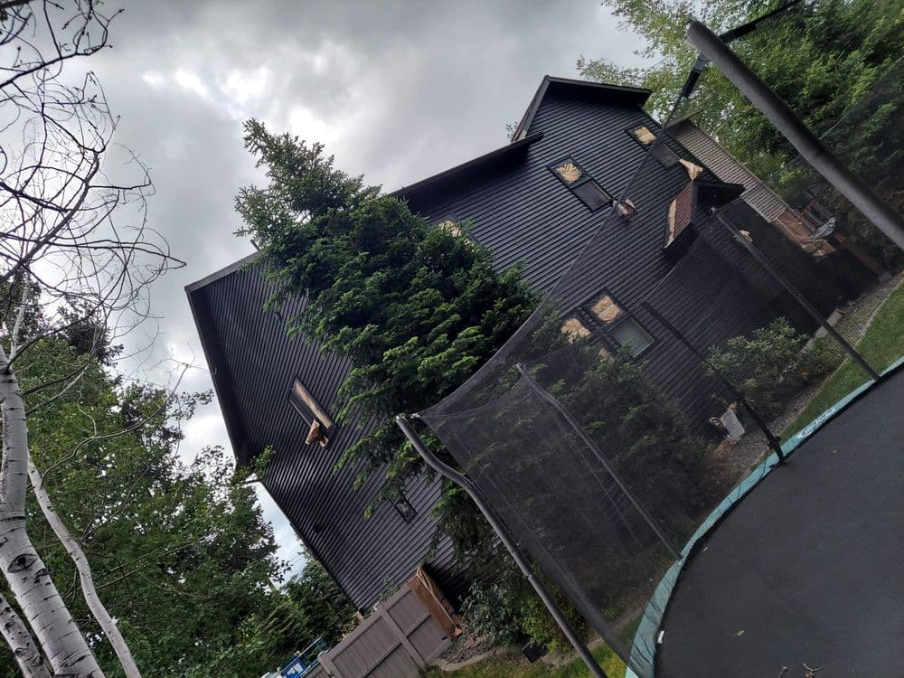 Black modern house surrounded by trees with a trampoline in the foreground.