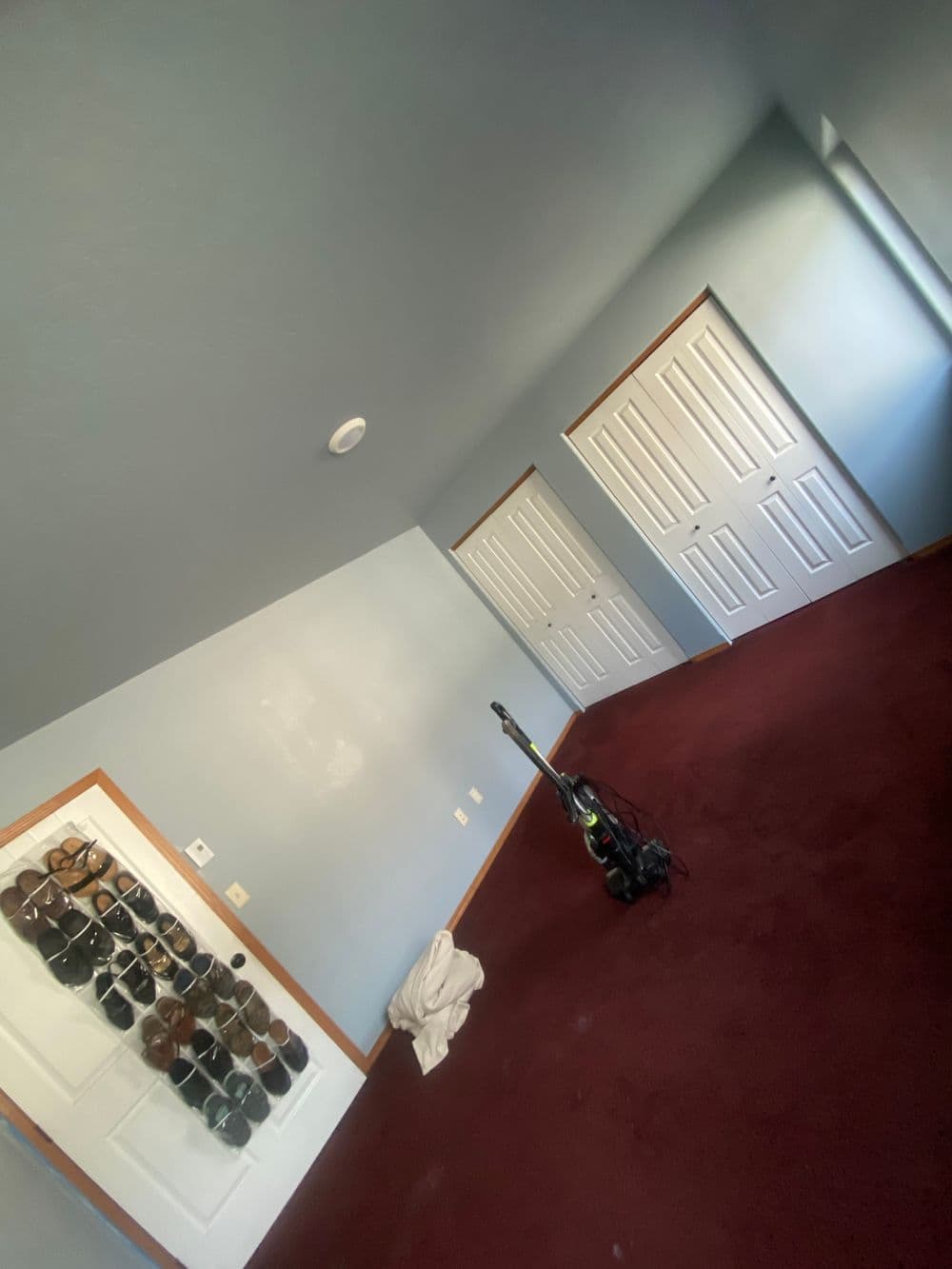 Cozy room with red carpet, blue walls, two white doors, and a vacuum cleaner on the floor.